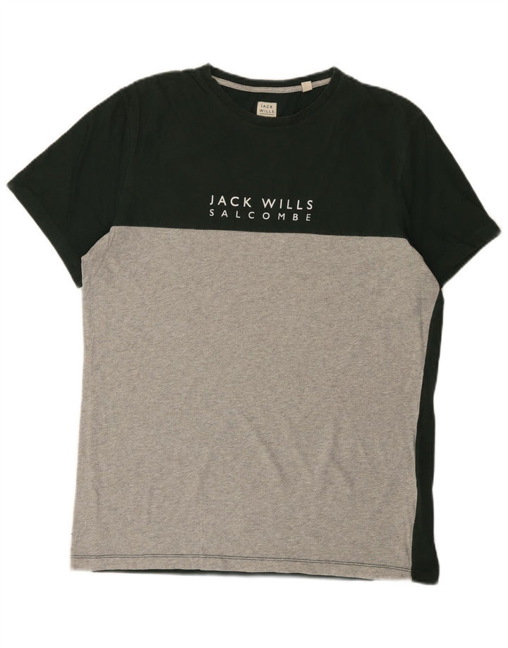 JACK WILLS Herren Grafik-T-Shirt-Oberteil aus mittelgrüner Colourblock-Baumwolle
