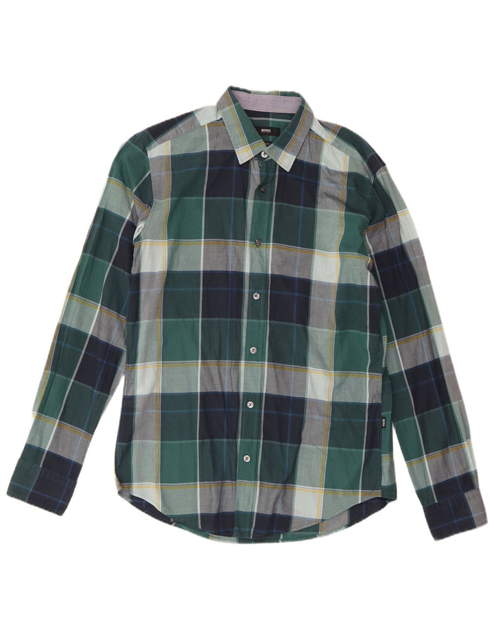 Hugo Boss Herren-Slim-Fit-Hemd aus mittelgrüner Karo-Baumwolle
