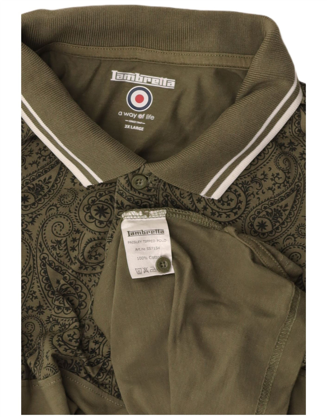 LAMBRETTA Mens Polo Shirt 2XL Khaki Paisley Cotton