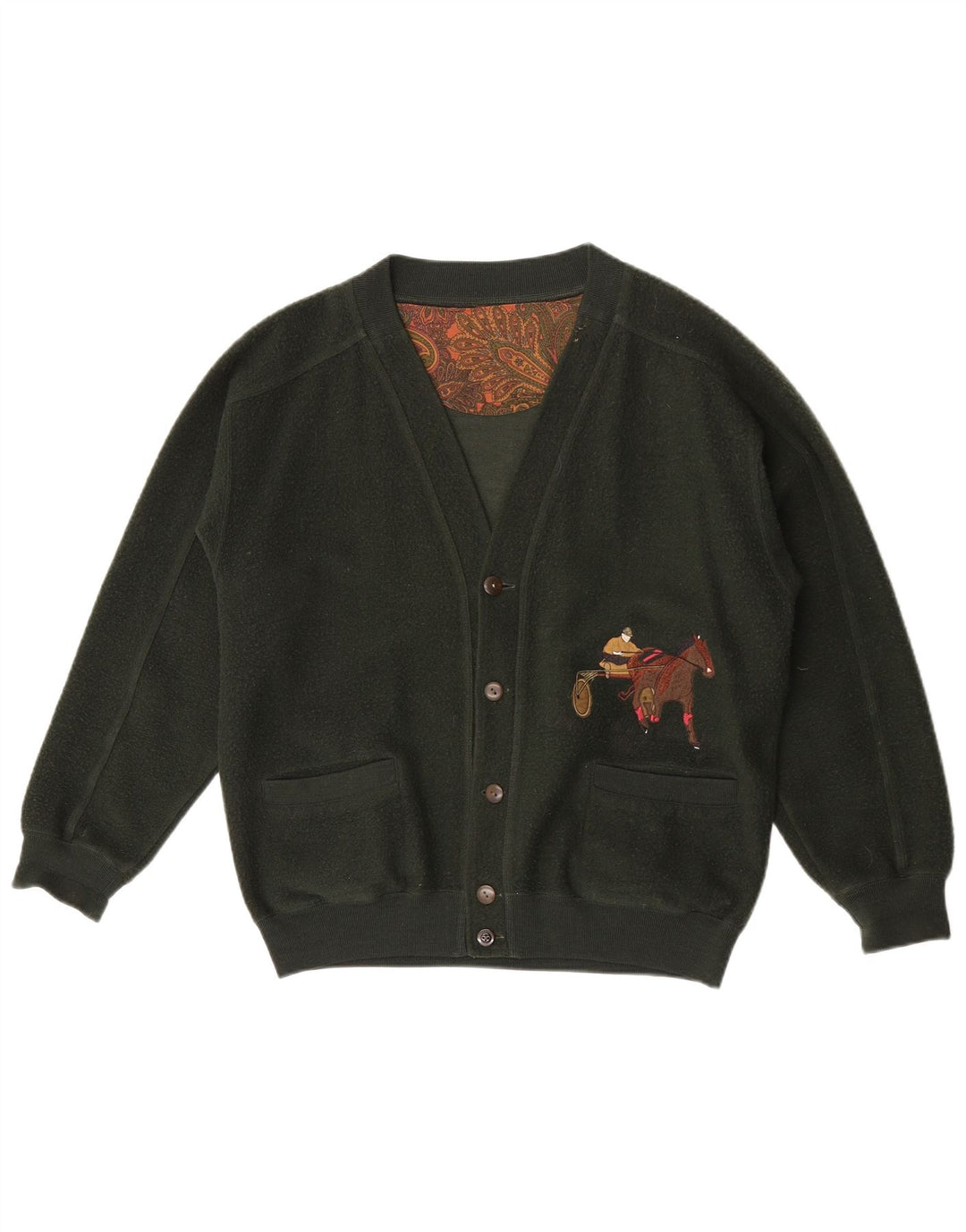 Vintage Herren Grafischer Cardigan Pullover Große grüne Wolle