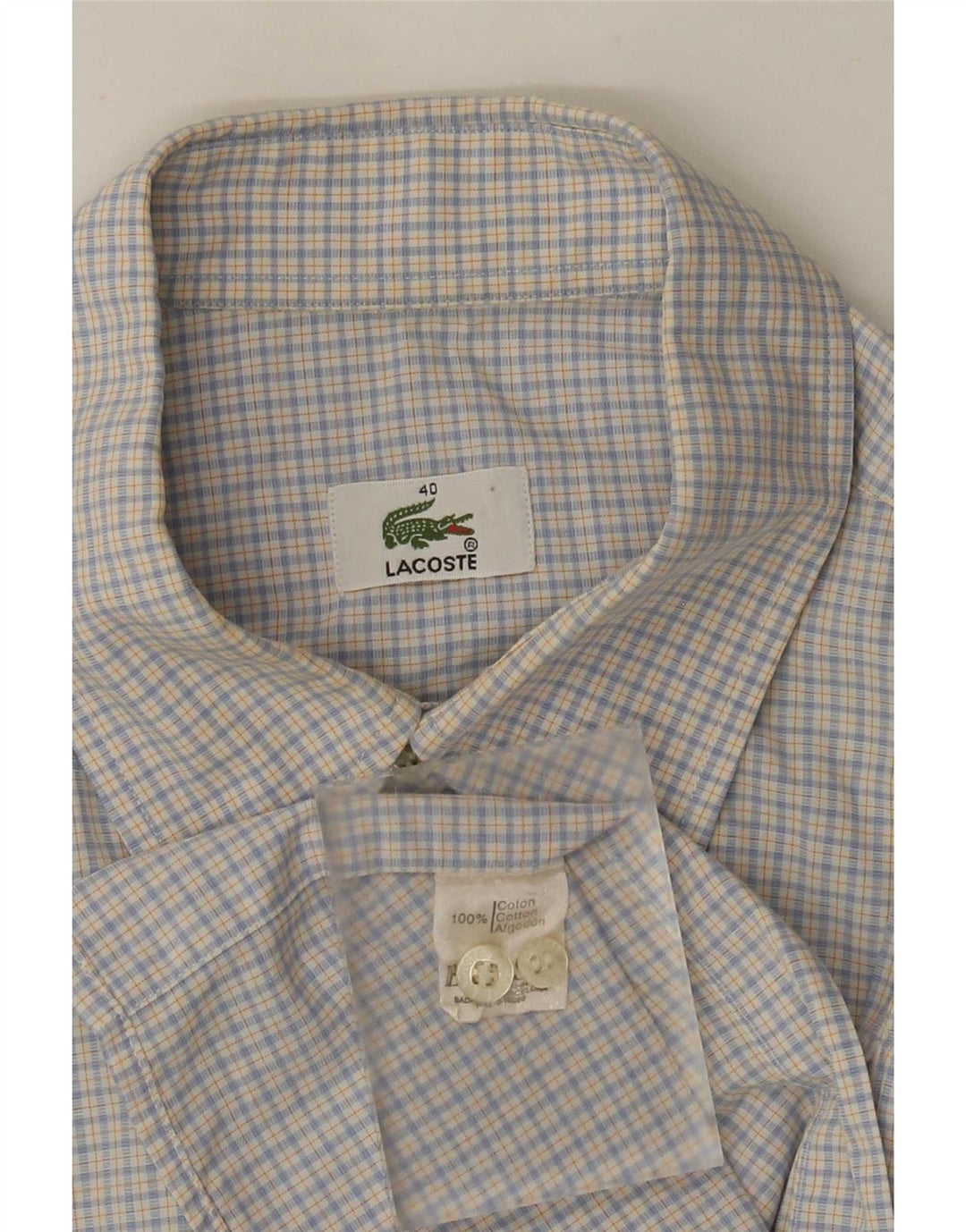 Lacoste Herren-Kurzarmhemd, Größe 40, mittelblau karierte Baumwolle