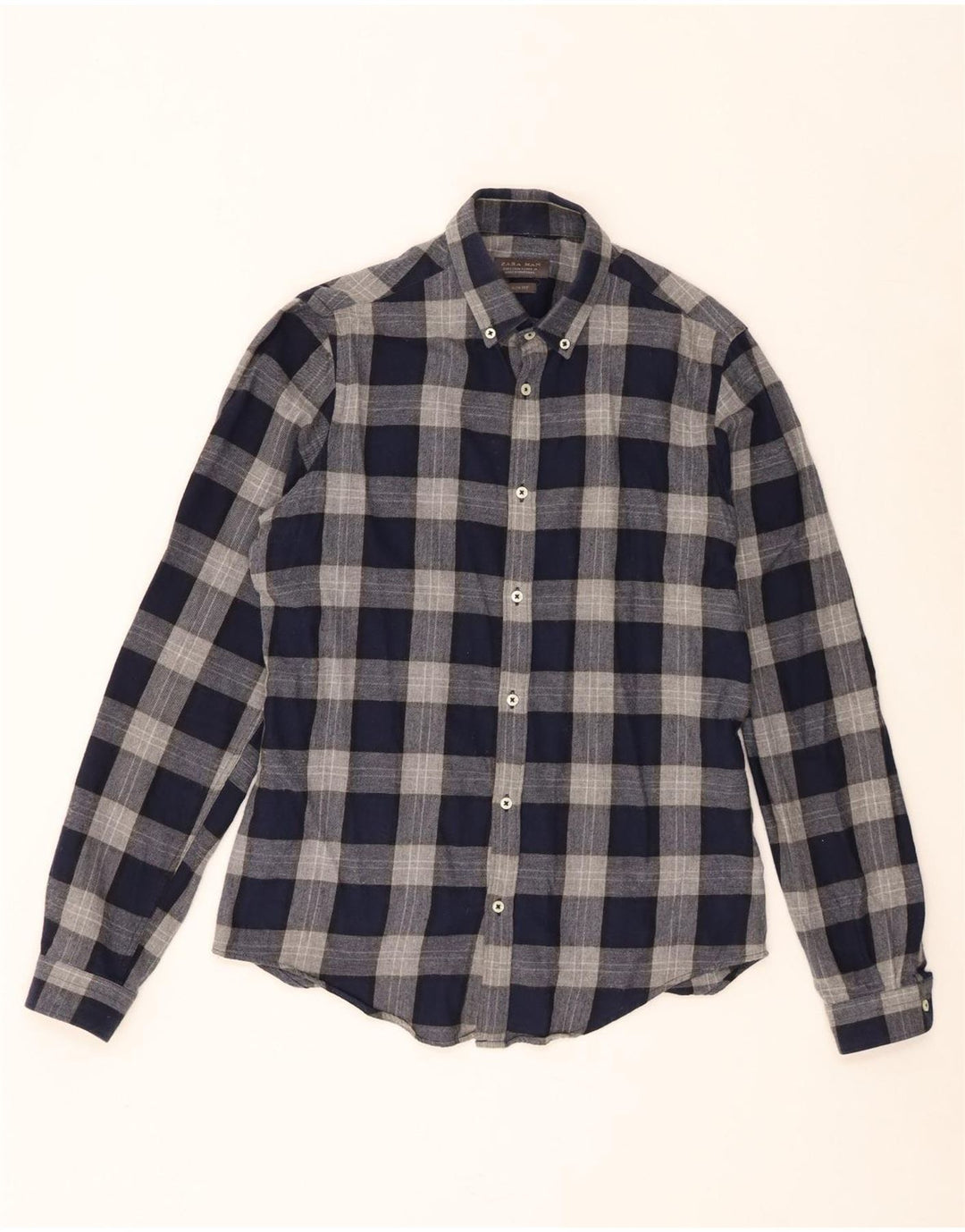 Zara Slim Fit Flanellhemd für Herren, klein, marineblau, kariert, Baumwolle