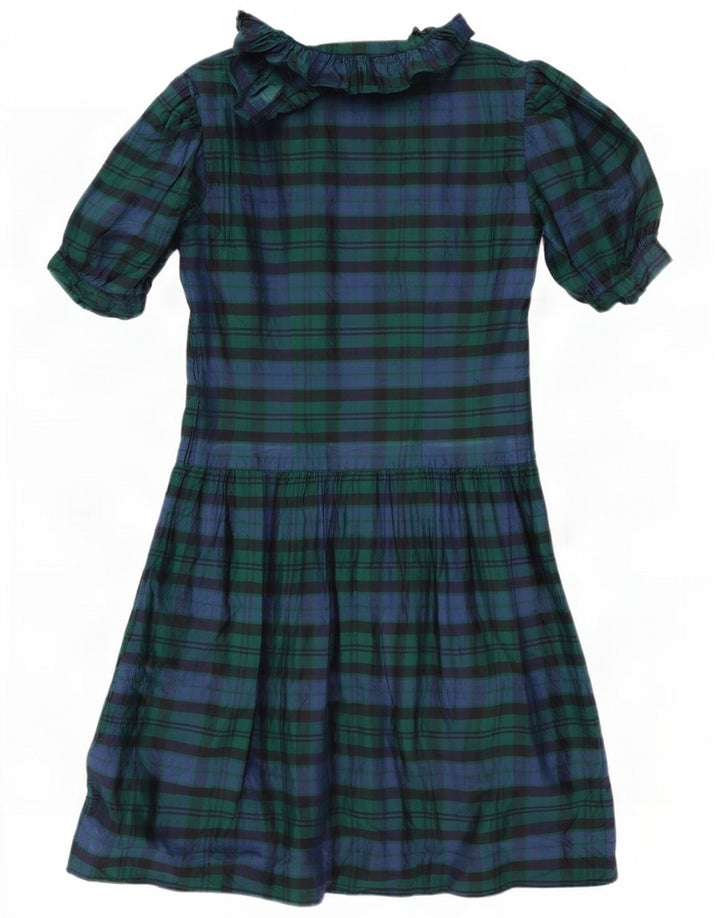 Vintage Damen A-Linien-Kleid mit Rüschen vorne, Größe 42, mittelmarineblau, kariert, Seide