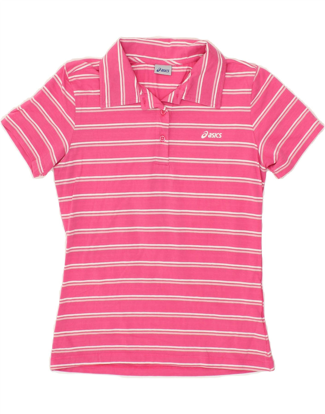 ASICS Womens Polo Shirt UK 12 Medium Pink Striped Vintage Asics and Second-Hand Asics from Messina Hembry 