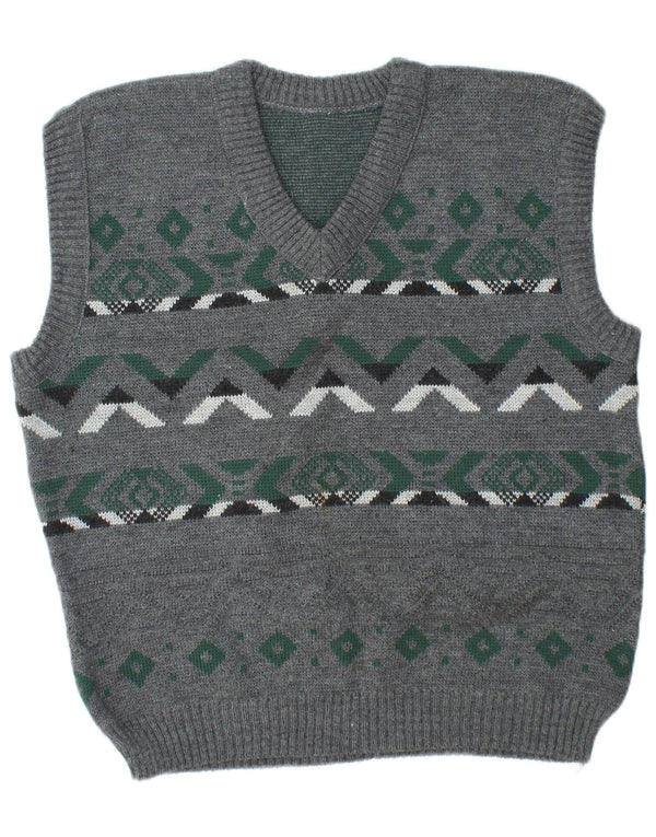 Vintage Herren Weste Tank Top Groß Grau Fair Isle