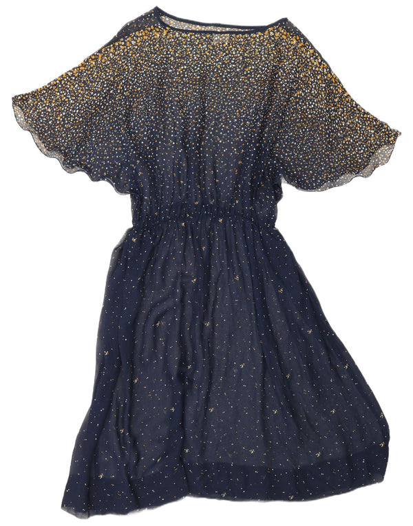 VINTAGE Damen Fledermaus-Maxikleid UK 18 XL Marineblau gepunktetes Acetat