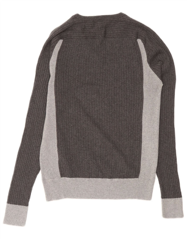 Gas Herren-Pullover mit V-Ausschnitt aus mittelgrauer Colourblock-Baumwolle