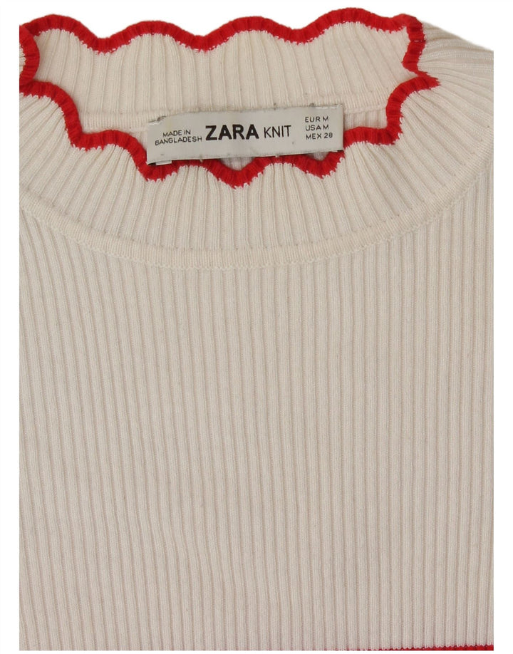 Zara Damen Crop Top Langarm UK 12 Mittelweiß gestreift