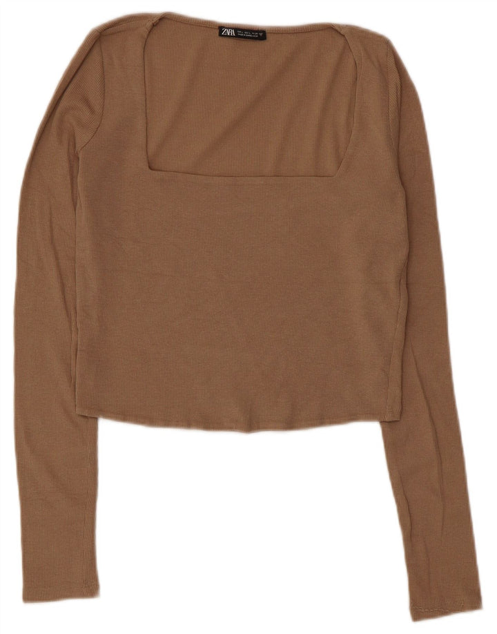 Zara Damen Crop Top Langarm UK 14 Große graue Baumwolle