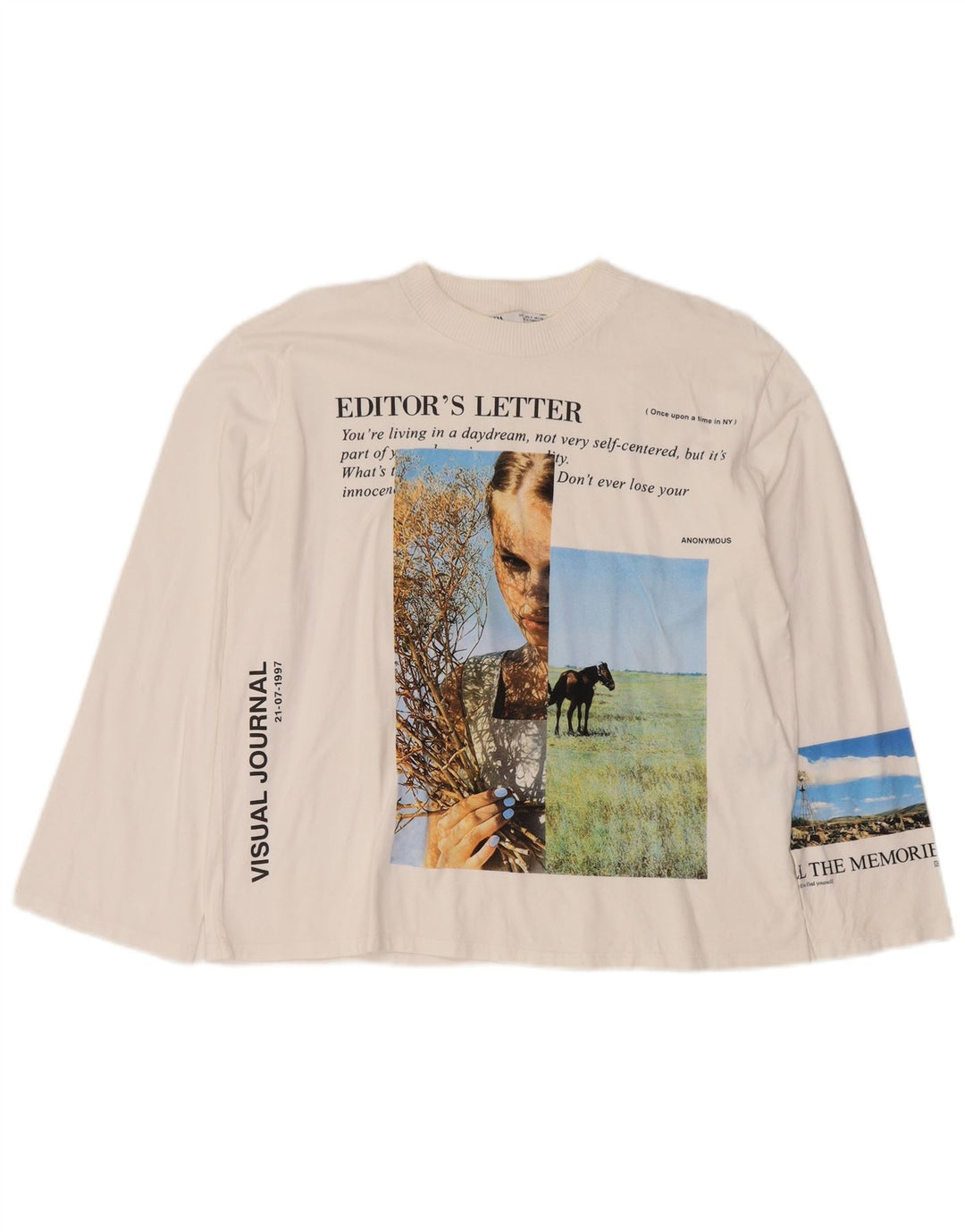 Zara Damen-Oberteil mit Grafik, übergroß, langärmlig, UK 10, Größe S, weiße Baumwolle