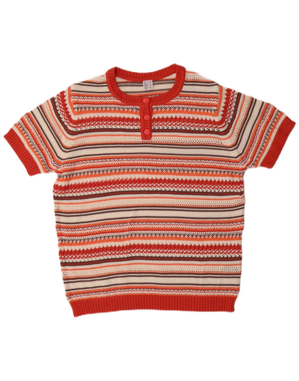 Vintage Damen Kurzärmeliger Pullover mit Knopfhalsausschnitt UK 18 XL Rot gestreift