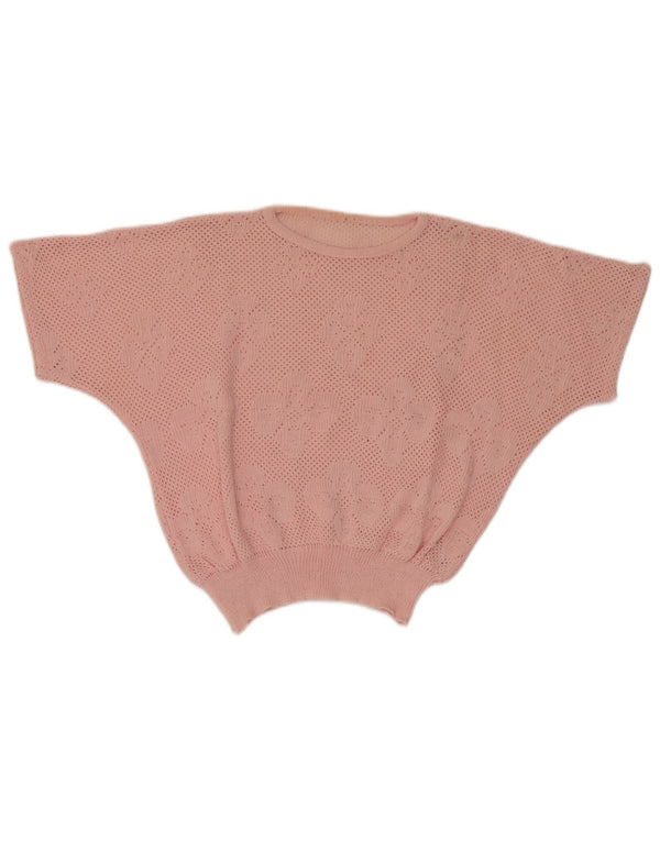 Vintage Damen Fledermaus-Pullover mit Rundhalsausschnitt, Gr. 14, mittelrosa, geblümt