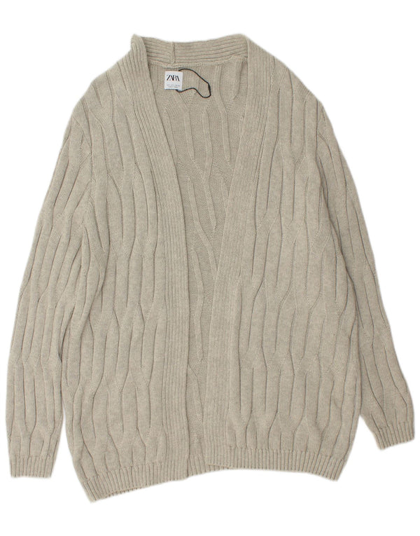 Zara Damen Longline Open Cardigan Pullover UK 16 Large Graue Baumwolle