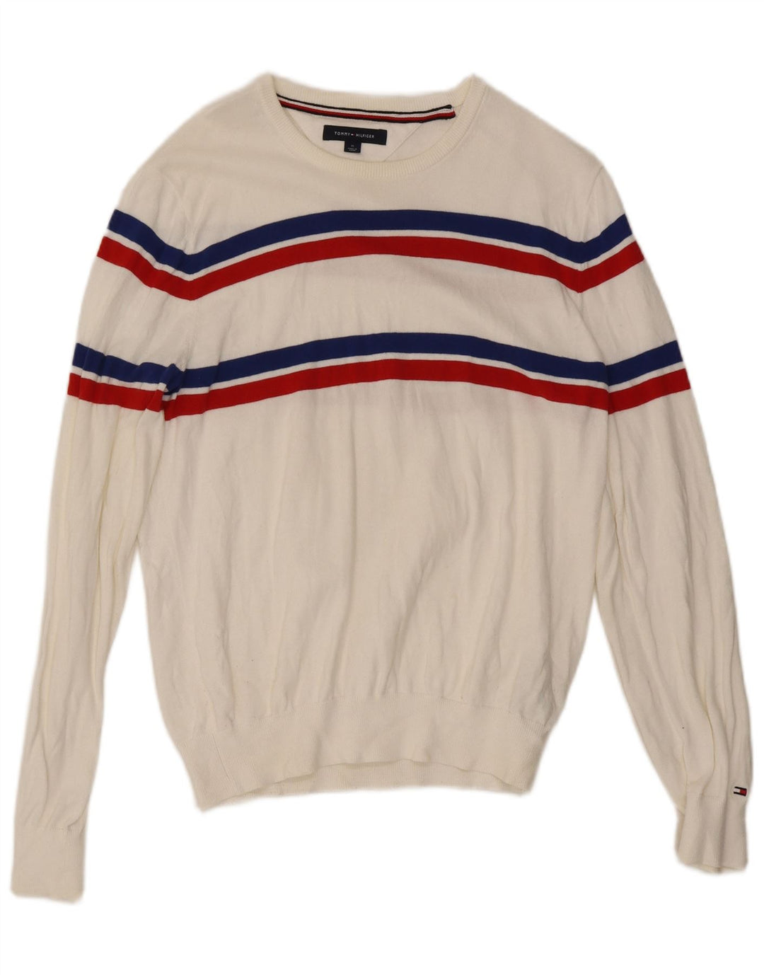 Tommy Hilfiger Herren-Pullover mit Rundhalsausschnitt, Mittelweiß, Farbblock