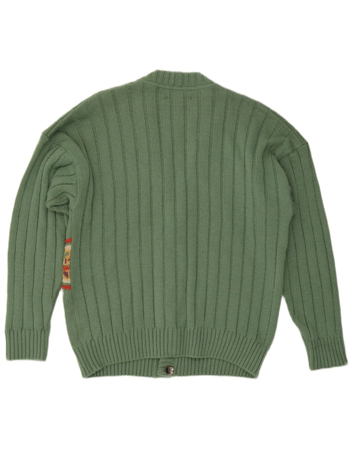 VINTAGE Herren Cardigan Pullover IT 50 Mittelgrüne geometrische Wolle