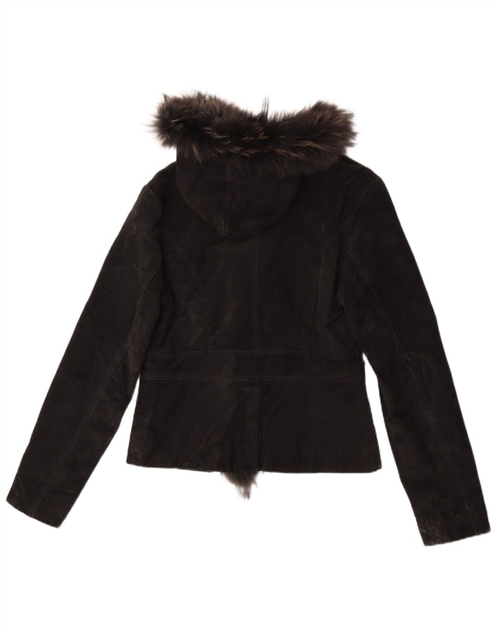 Vintage Damen Wildlederjacke mit Kapuze, UK 14, großes schwarzes Leder