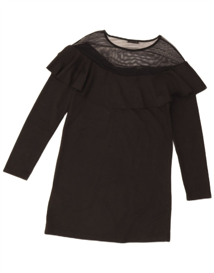 Zara Damen Langarm-Etuikleid UK 10 Small Schwarz Polyester