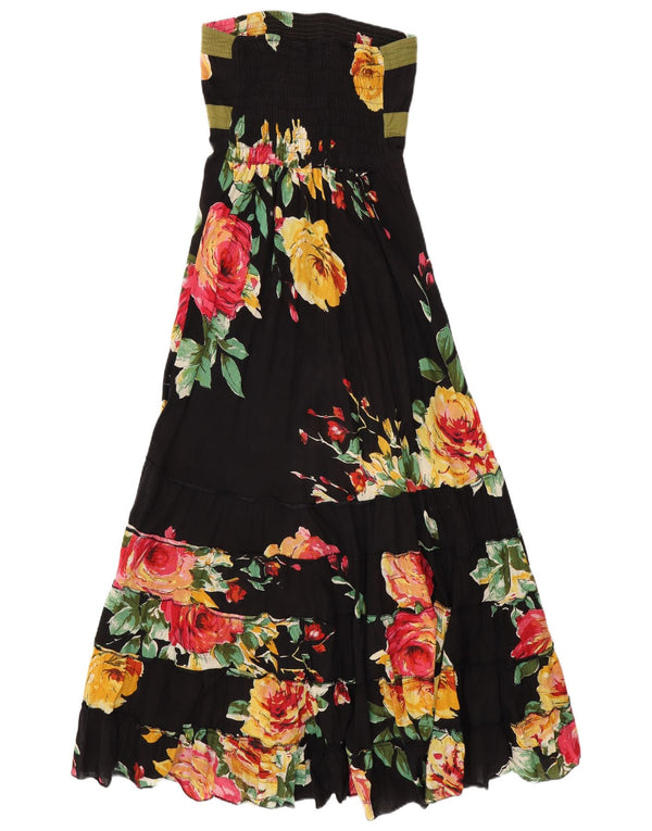 VINTAGE Maxi-Trägerloses Damenkleid UK 14 Mittelschwarze geblümte Baumwolle