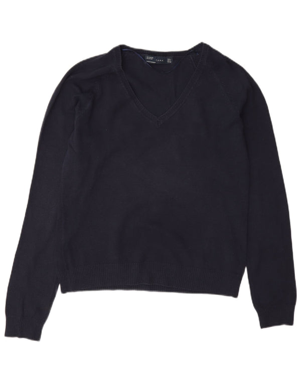 Zara Damen-Pullover mit V-Ausschnitt, UK 14, Größe L, Marineblau, Baumwolle