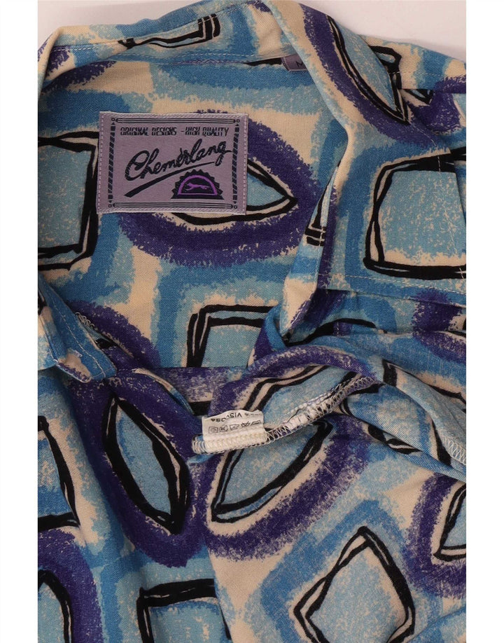 Vintage Herren Kurzarmhemd mittelblaue geometrische Viskose