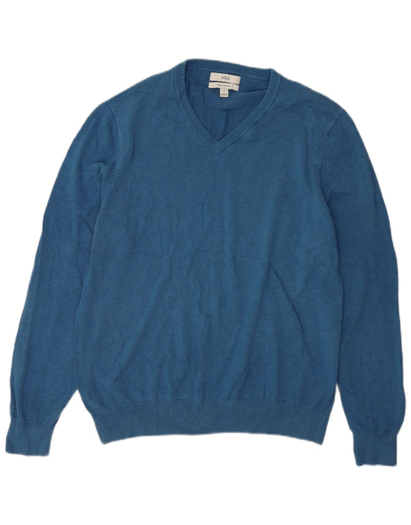 Marks & Spencer Herren-Pullover mit V-Ausschnitt, XL, blaue Baumwolle