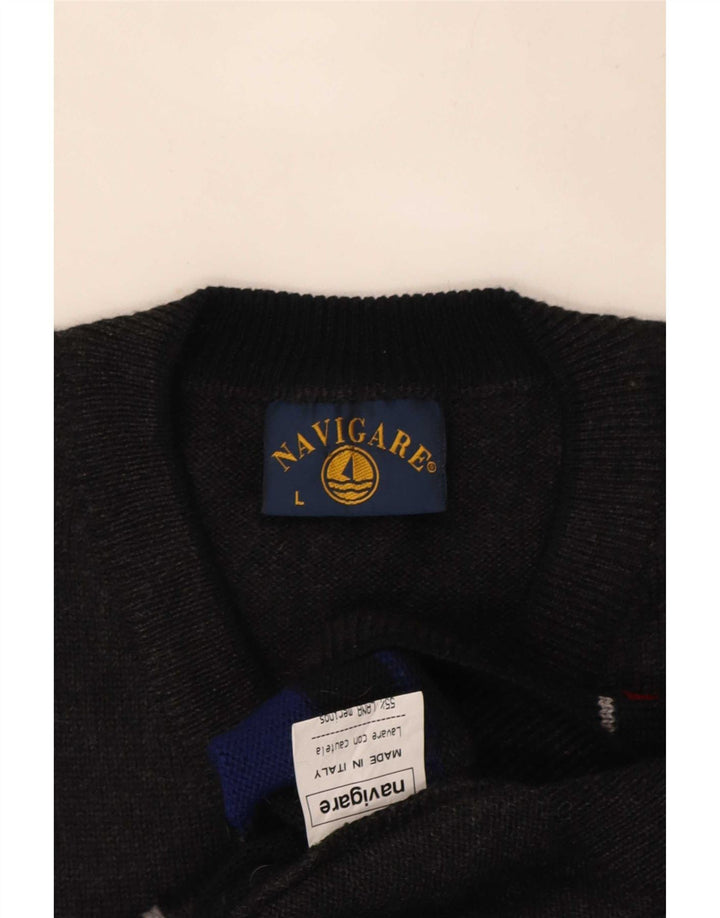 Navigare Herren-Pullover mit V-Ausschnitt, groß, graue, geometrische Wolle