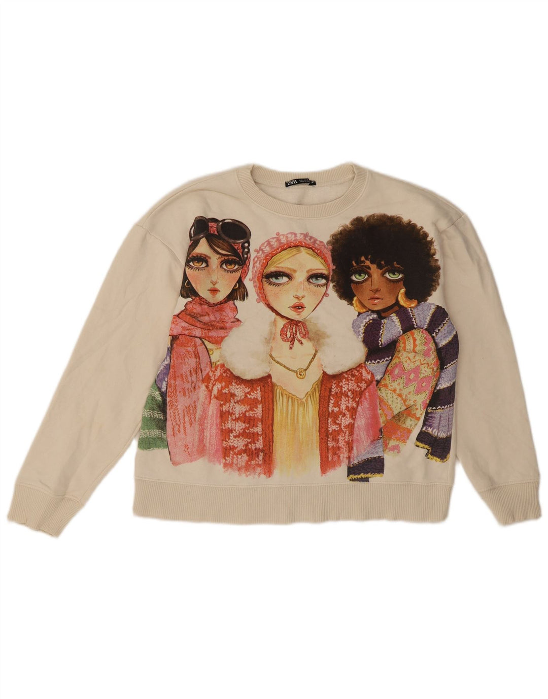 Zara Damen-Sweatshirt mit Grafik, übergroß, Gr. 10, Größe S, gebrochenes Weiß