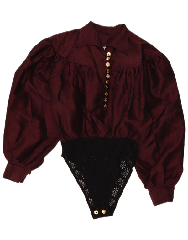 Vintage Damen Langarm-Shirt-Bodysuit UK 16 Large Burgund Colourblock