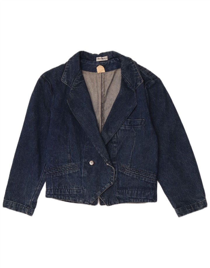 Vintage Damen Doppelreihige Jeans-Blazerjacke UK 14 Mittelblaue Baumwolle
