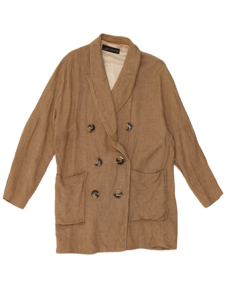 Langer zweireihiger Blazer für Damen von Zara, UK 14, mittelbraunes Leinen