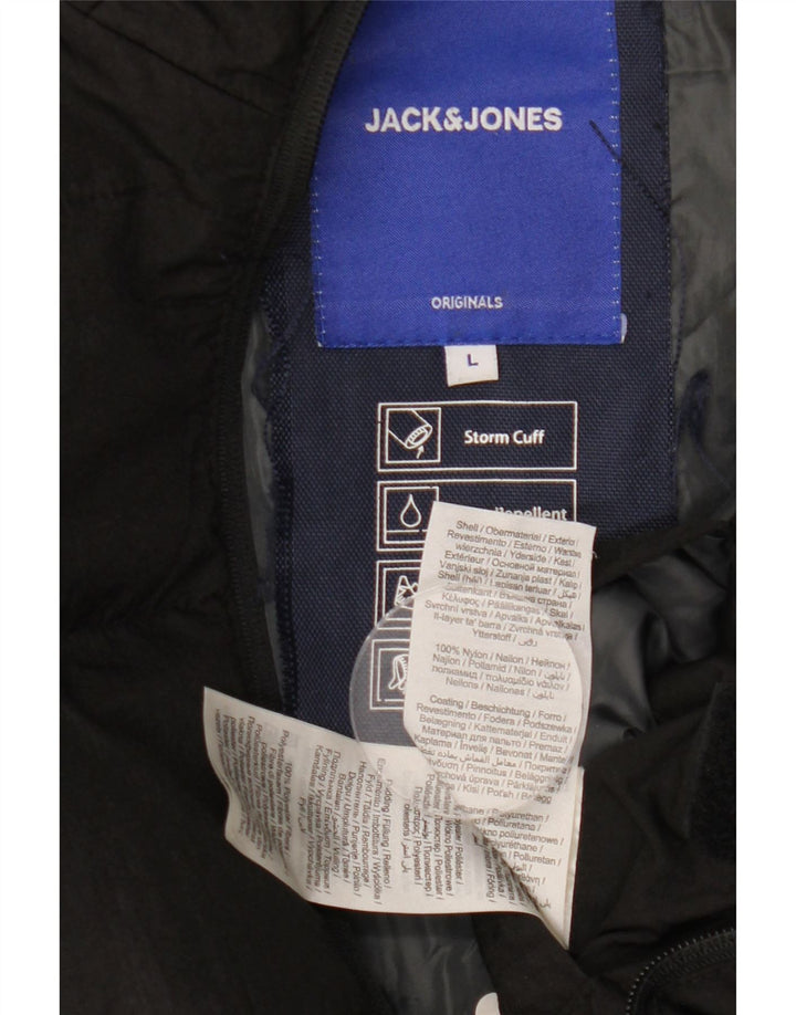 JACK & JONES Wattierte Herrenjacke mit Kapuze, UK 40, Größe L, schwarzes Nylon