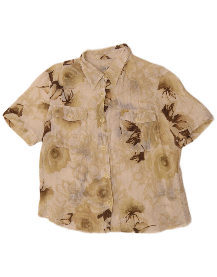 Gio Anna Damen Durchsichtiges Kurzarmhemd IT 44 Mittelbeige mit Blumenmuster