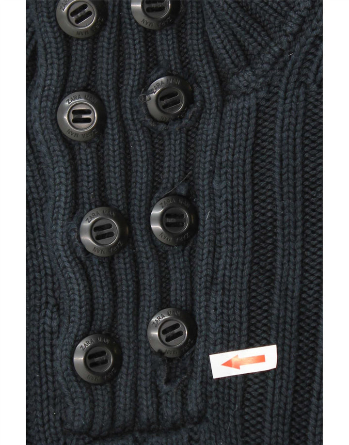 Zara Herren-Pullover mit Knopfkragen, groß, marineblaue Baumwolle