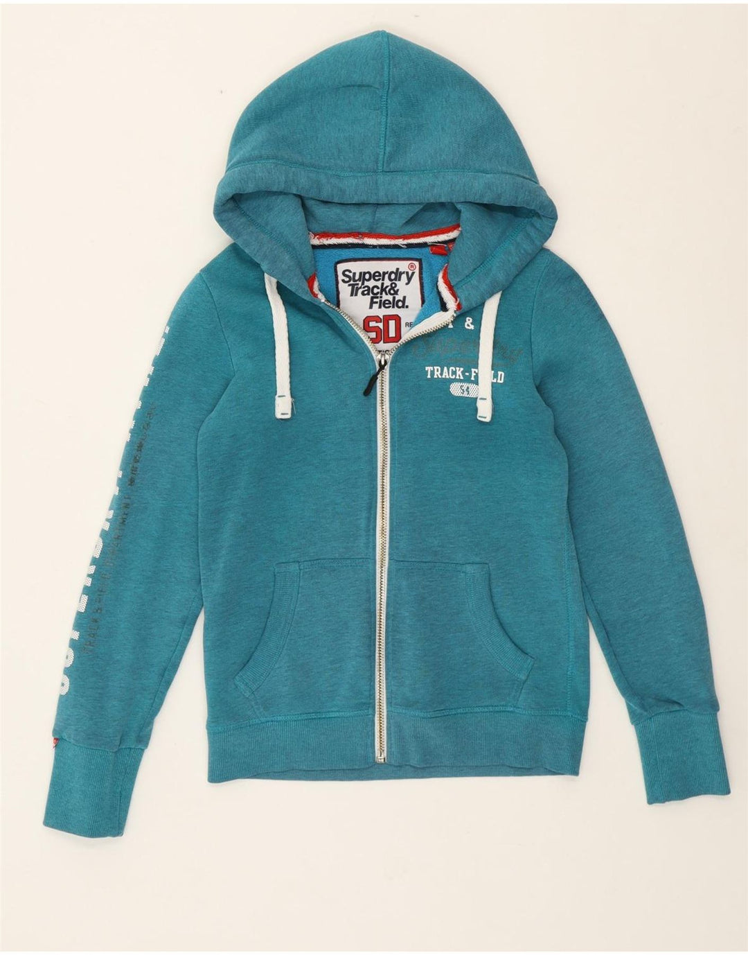 Superdry Damen-Kapuzenpullover mit Reißverschluss, UK 10, Größe S, Türkis, Baumwolle