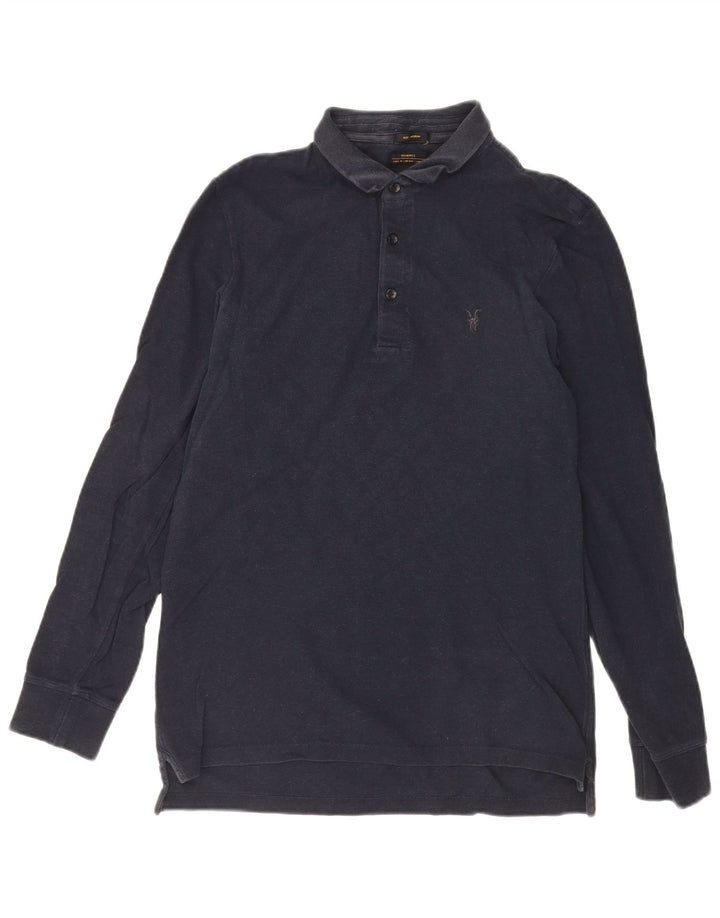 All Saints Herren-Langarm-Poloshirt, mittelmarineblaue Baumwolle