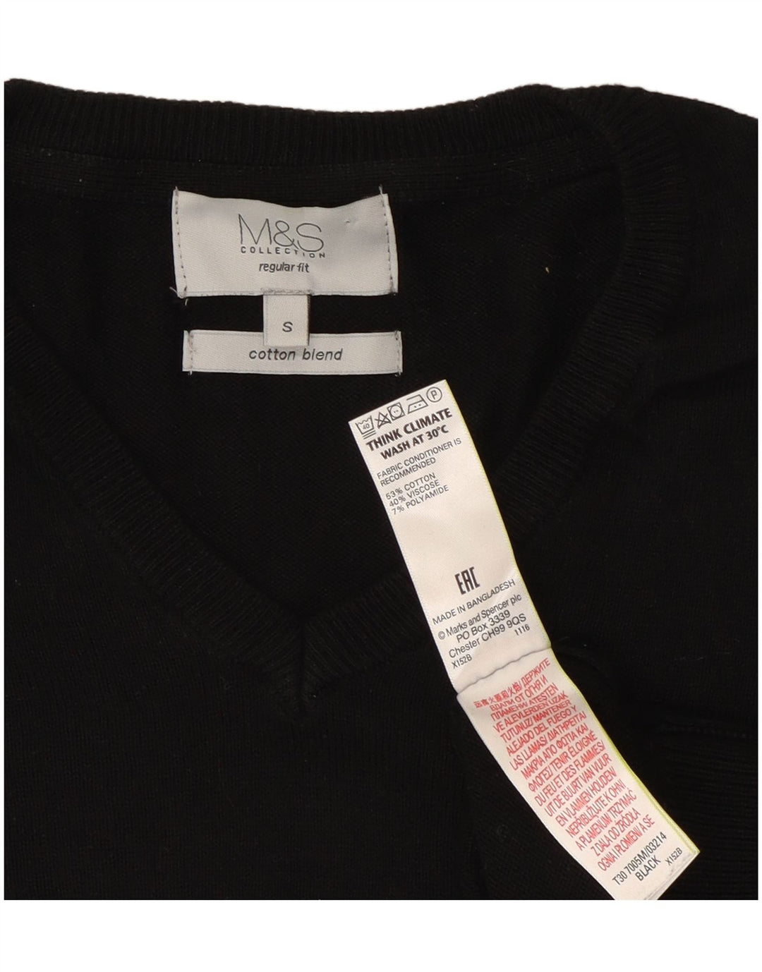 Marks & Spencer Herren-Pullover, normale Passform, V-Ausschnitt, Größe S, Schwarz, Baumwolle