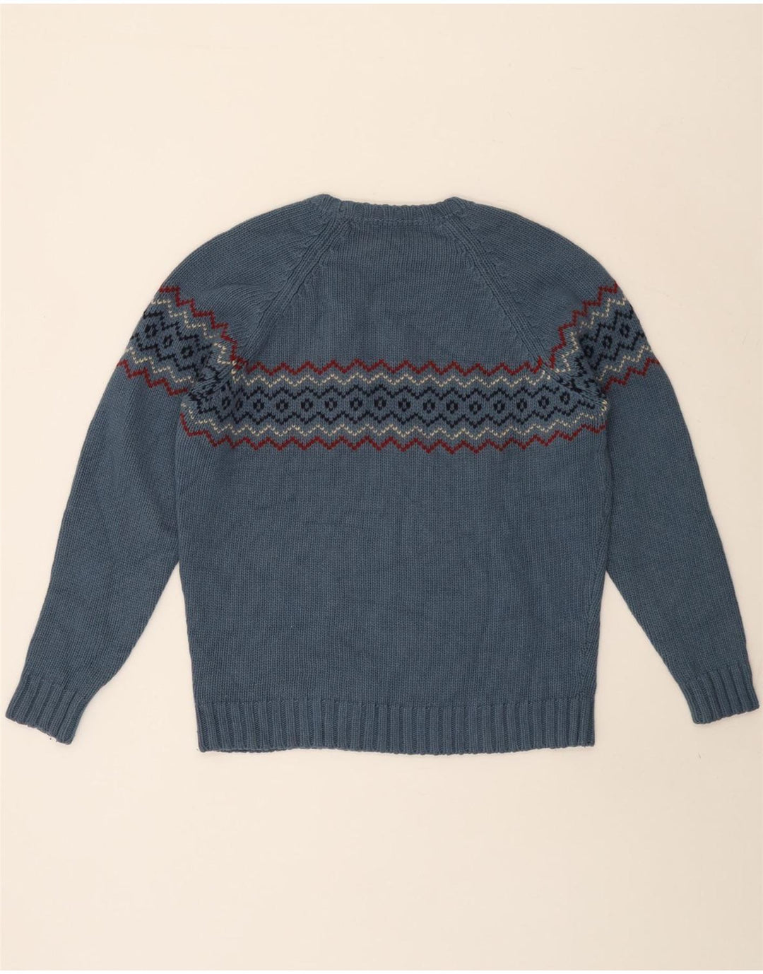 Massimo Dutti Herren-Pullover mit Rundhalsausschnitt, groß, blaue Fair-Isle-Wolle