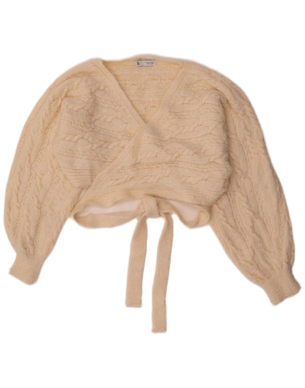 Zara Damen Crop Wrap Cardigan Pullover UK 14 Medium Beige Acryl