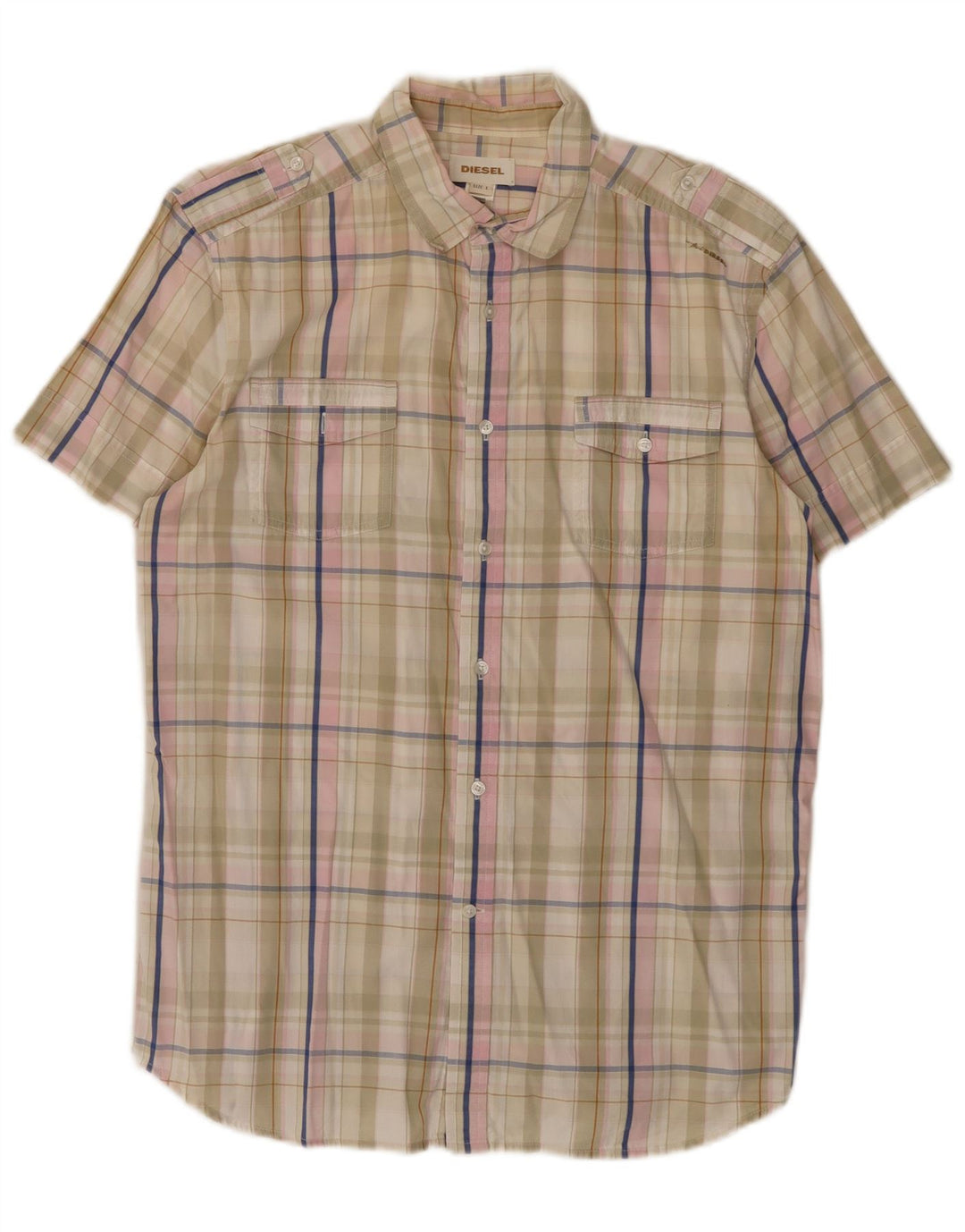 Diesel Herren-Kurzarmhemd, groß, beige, kariert, Baumwolle