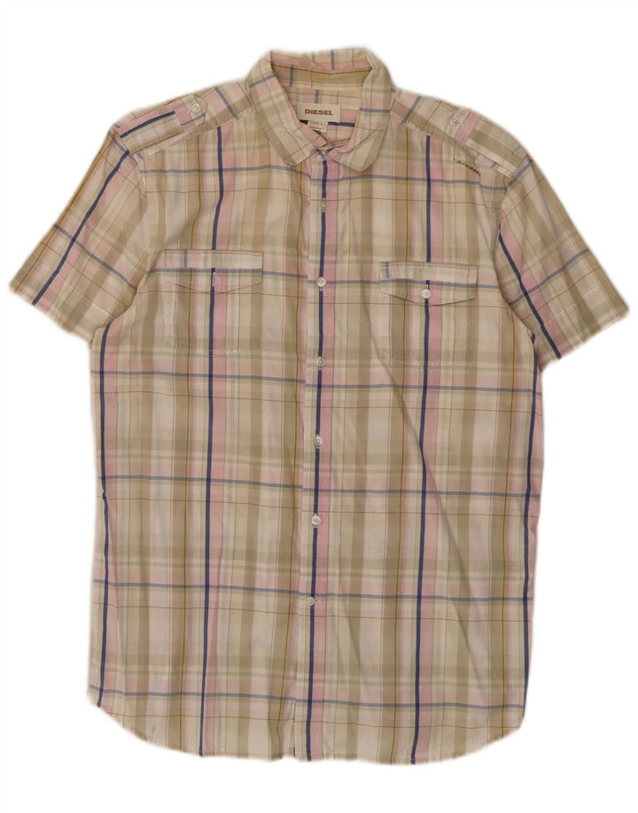 Diesel Herren-Kurzarmhemd, groß, beige, kariert, Baumwolle