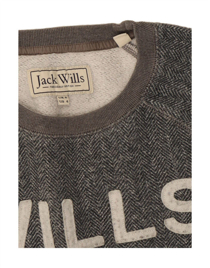 JACK WILLS Womens Graphic Sweatshirt Jumper UK 8 Small Grey Herringbone Vintage Jack Wills and Second-Hand Jack Wills from Messina Hembry 