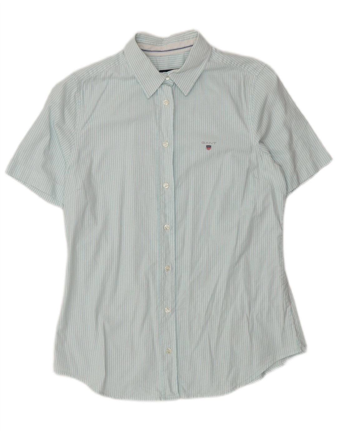 GANT Damen Kurzarmhemd UK 12 Mittelblaue Nadelstreifen-Baumwolle