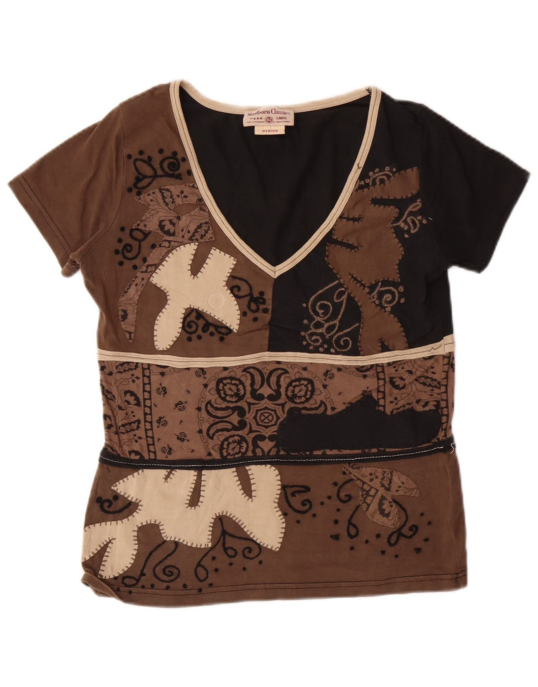 MARLBORO CLASSICS Damen T-Shirt Top UK 12 Mittelbraune Paisley-Baumwolle