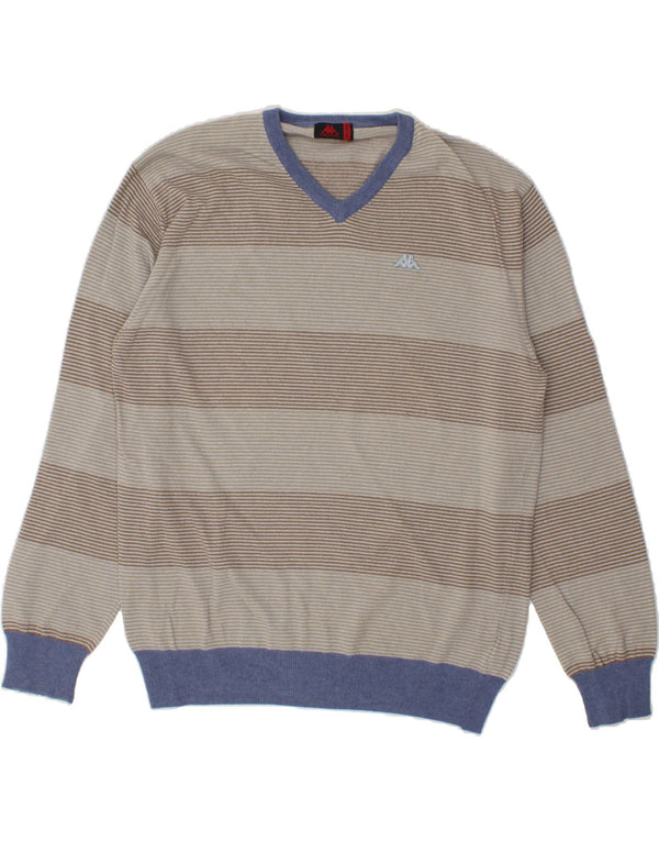 KAPPA Herren-Pullover mit V-Ausschnitt, 2XL, grau gestreift, Merinowolle