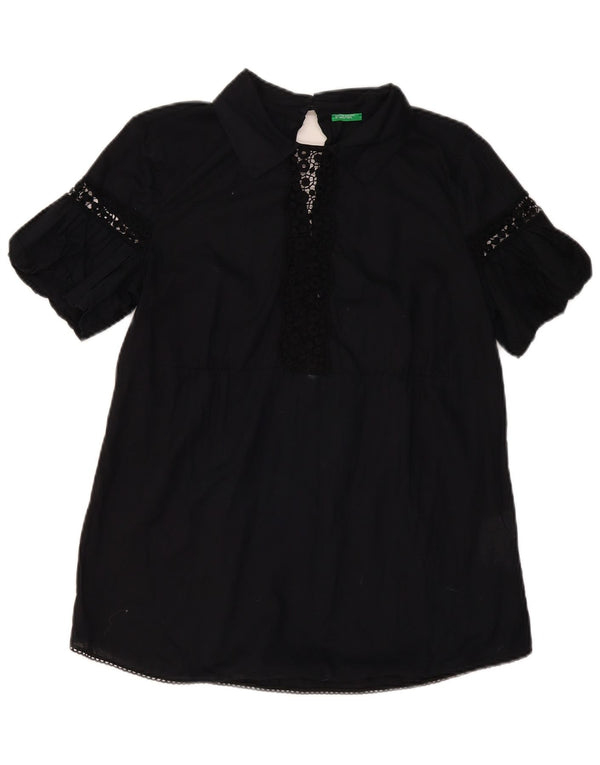 BENETTON Damen-Blusenoberteil, UK-Größe 44, groß, schwarze Baumwolle mit Blumenmuster