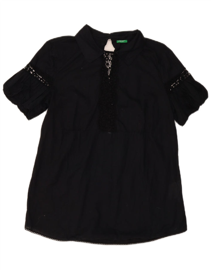 BENETTON Damen-Blusenoberteil, UK-Größe 44, groß, schwarze Baumwolle mit Blumenmuster