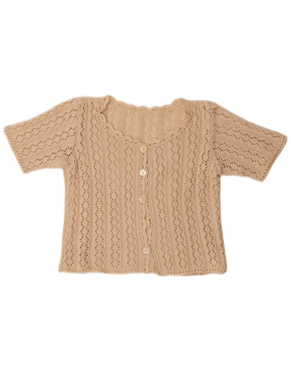 Vintage Damen Crop Kurzarm Cardigan Pullover UK 10 Small Beige