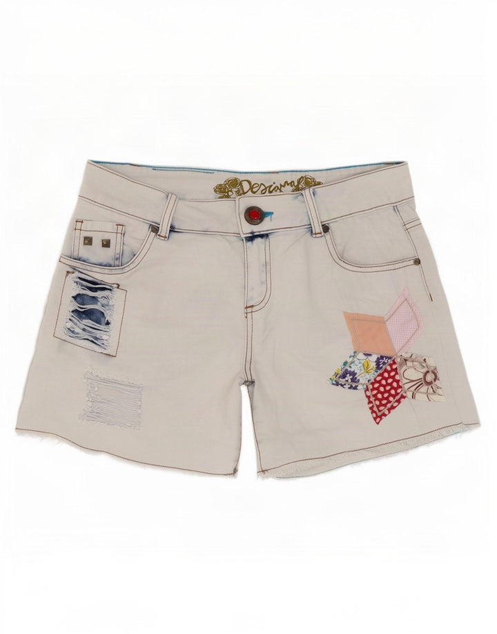 Desigual Damen Distressed Denim Shorts W28 Mittelblaue Patchwork-Baumwolle