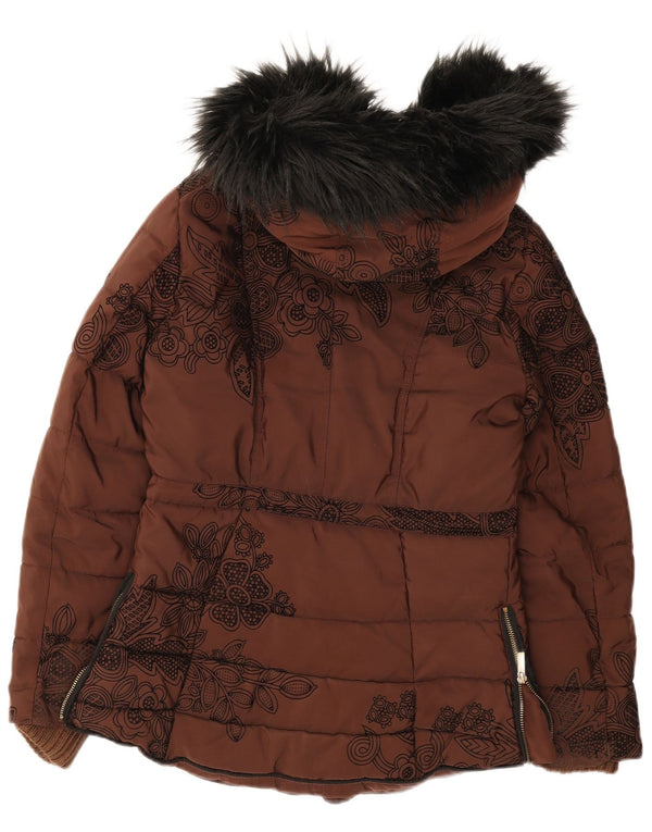 Desigual Damen-Kapuzen-Übergröße, wattierte Jacke, EU 36, kleines braunes Blumenmuster