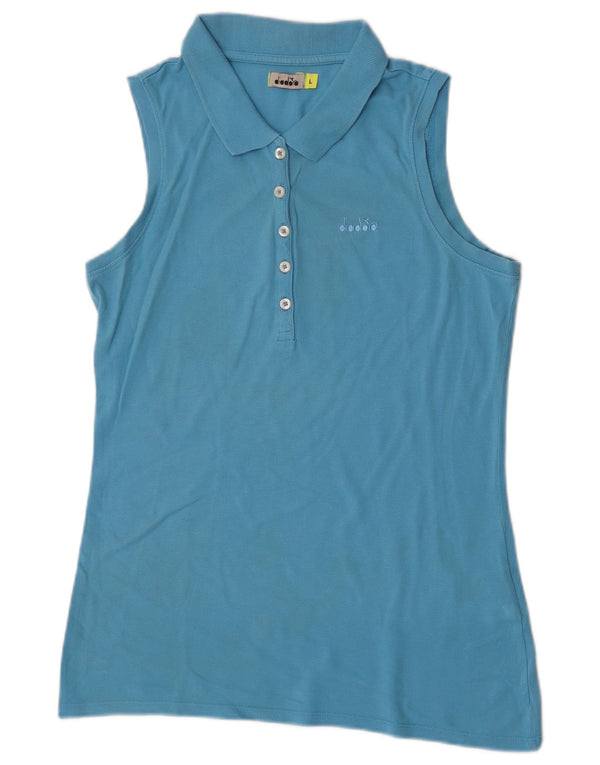 Diadora Damen ärmelloses Poloshirt UK 14 Large Blau Baumwolle